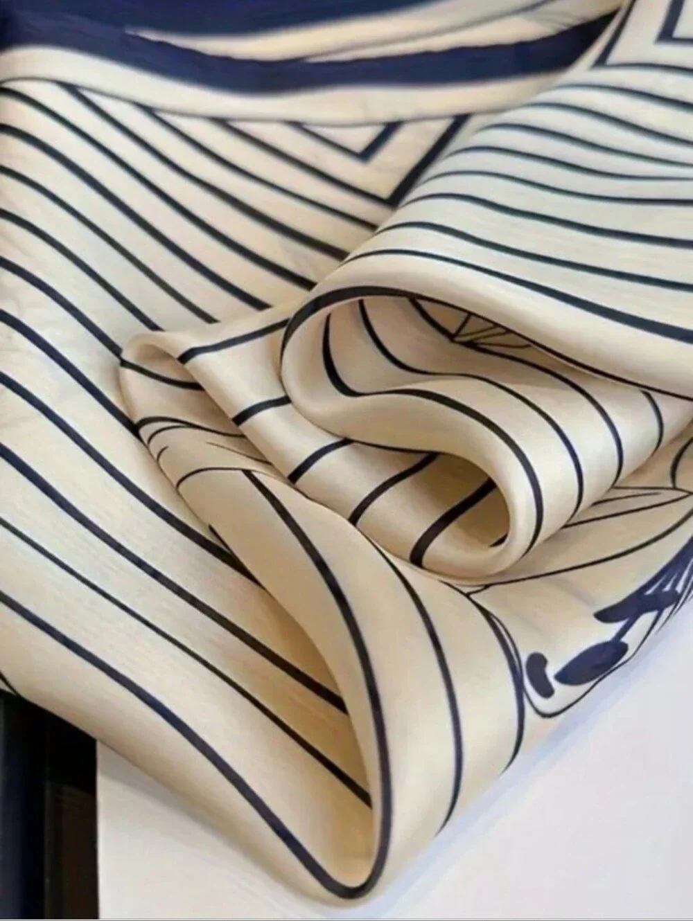 Silk-feel Floral & Geometric Silk Scarf in Cream and Navy
